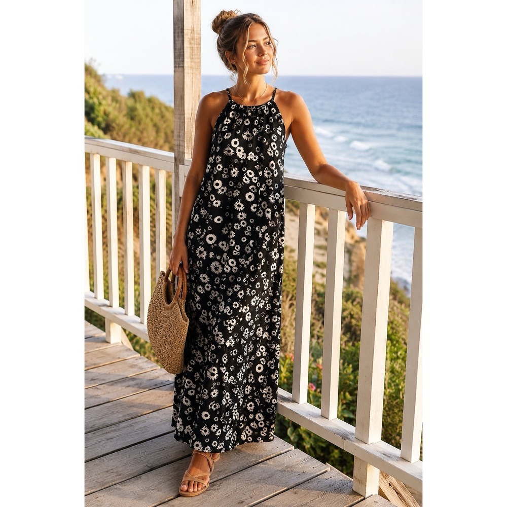 Candies Daisy Floral Halter Maxi Dress Black White Sleeveless Women Medium